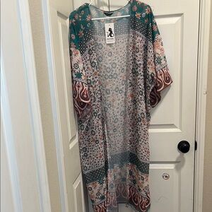 Green and Pink Floral Kimono with Flowing Sleeves
